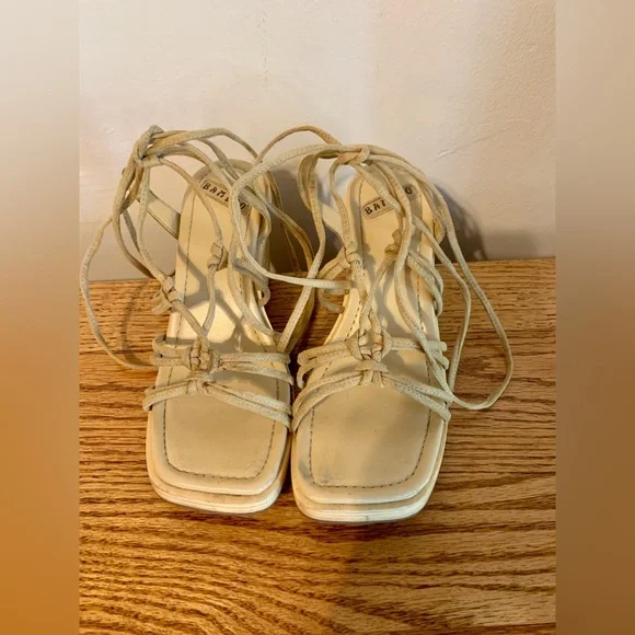 VTG y2k Bamboo Cut Out Heels Wrap Tie Sandal Wedge Wood Suede 7 2000 90s Chunk - Picture 4 of 12